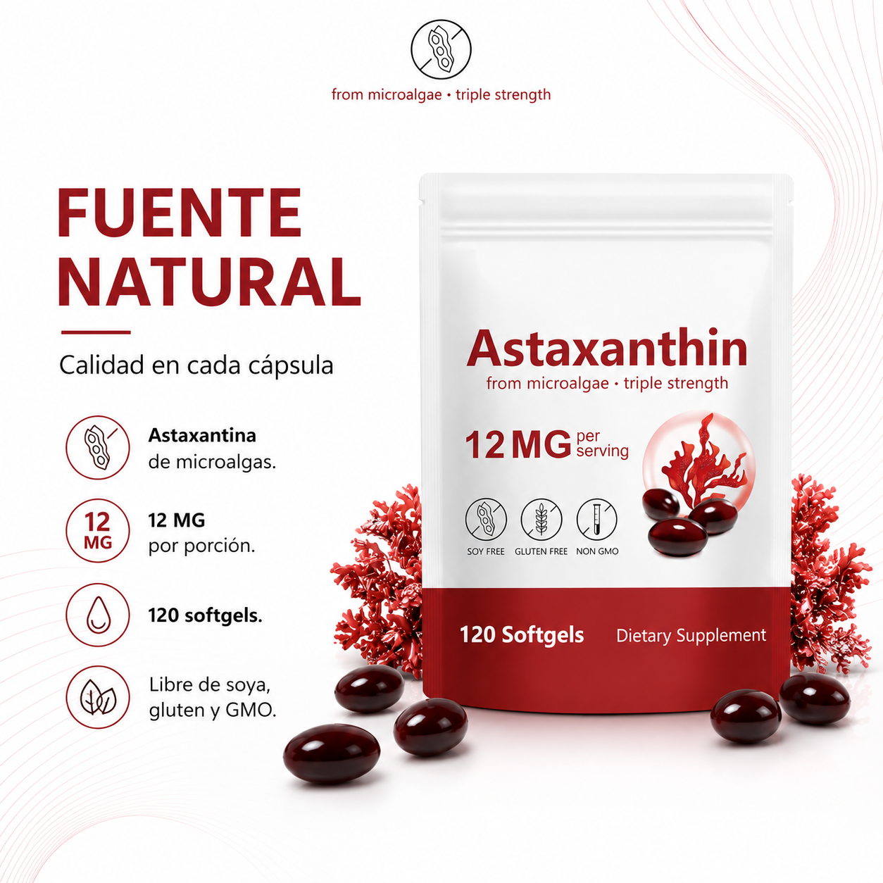Astaxanthin Glow 12MG – Antioxidante Natural para Piel, Vista y Bienestar
